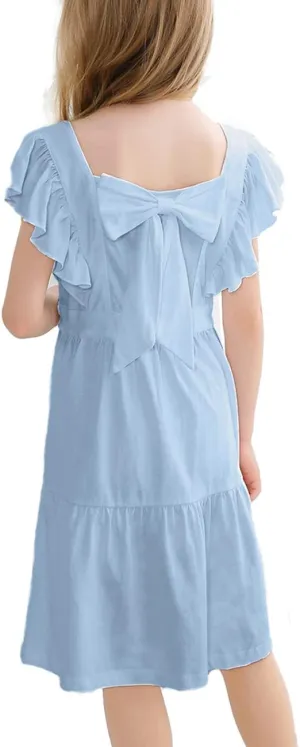 VASCHY Girls' Ruffle Dress Cut Open Back and Bow Detail for Special Occasions Swing Twirly Summer Dress Cotton