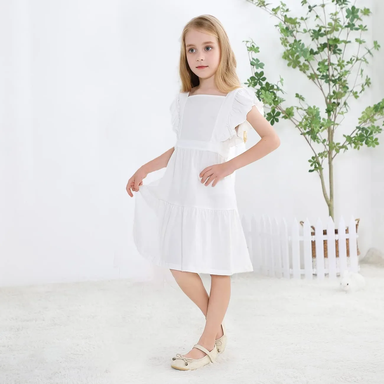 VASCHY Girls' Ruffle Dress Cut Open Back and Bow Detail for Special Occasions Swing Twirly Summer Dress Cotton