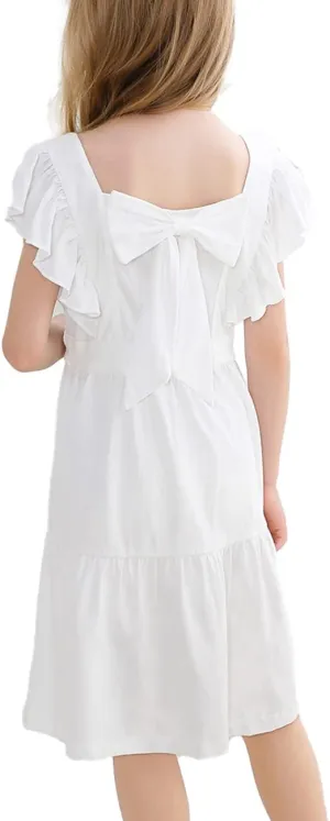 VASCHY Girls' Ruffle Dress Cut Open Back and Bow Detail for Special Occasions Swing Twirly Summer Dress Cotton
