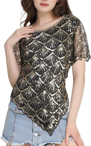 Vijiv Women's Chic Sequin Beaded Top Shimmer Glitter Blouse Fish-Scale Bell Sleeve Irregular Hem Formal Gatsby Shirt