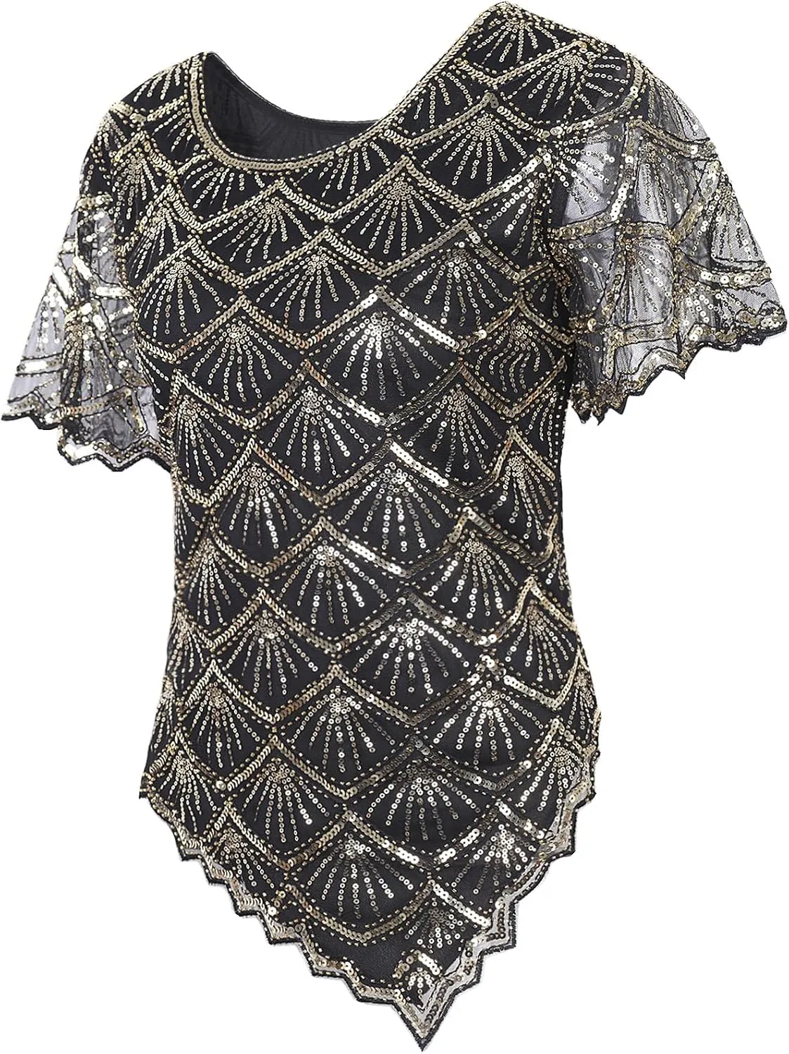 Vijiv Women's Chic Sequin Beaded Top Shimmer Glitter Blouse Fish-Scale Bell Sleeve Irregular Hem Formal Gatsby Shirt