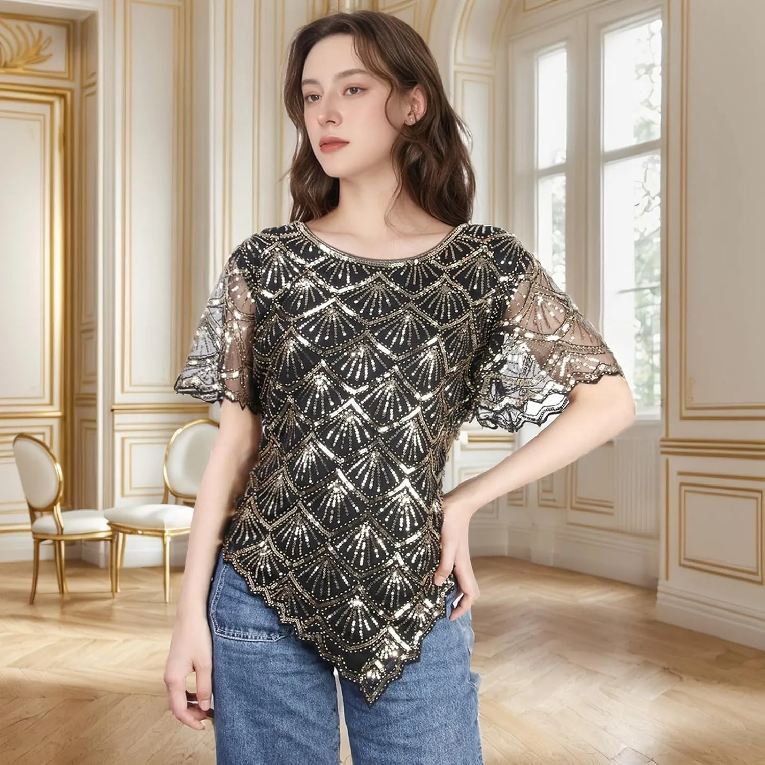 Vijiv Women's Chic Sequin Beaded Top Shimmer Glitter Blouse Fish-Scale Bell Sleeve Irregular Hem Formal Gatsby Shirt