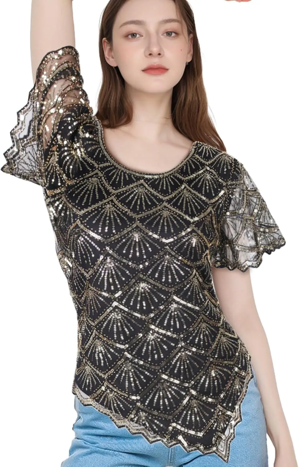 Vijiv Women's Chic Sequin Beaded Top Shimmer Glitter Blouse Fish-Scale Bell Sleeve Irregular Hem Formal Gatsby Shirt