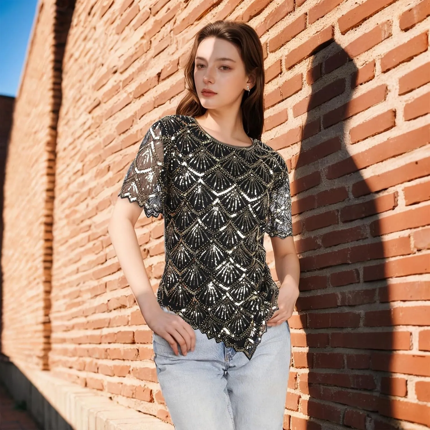 Vijiv Women's Chic Sequin Beaded Top Shimmer Glitter Blouse Fish-Scale Bell Sleeve Irregular Hem Formal Gatsby Shirt