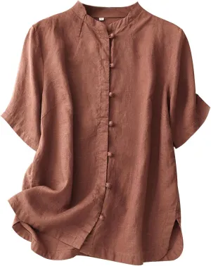Vintage Chinese Frog Button Cotton Linen Tops Women 2024 Fashion Crew Neck Short Sleeve Boho Loose Casual Summer Shirts