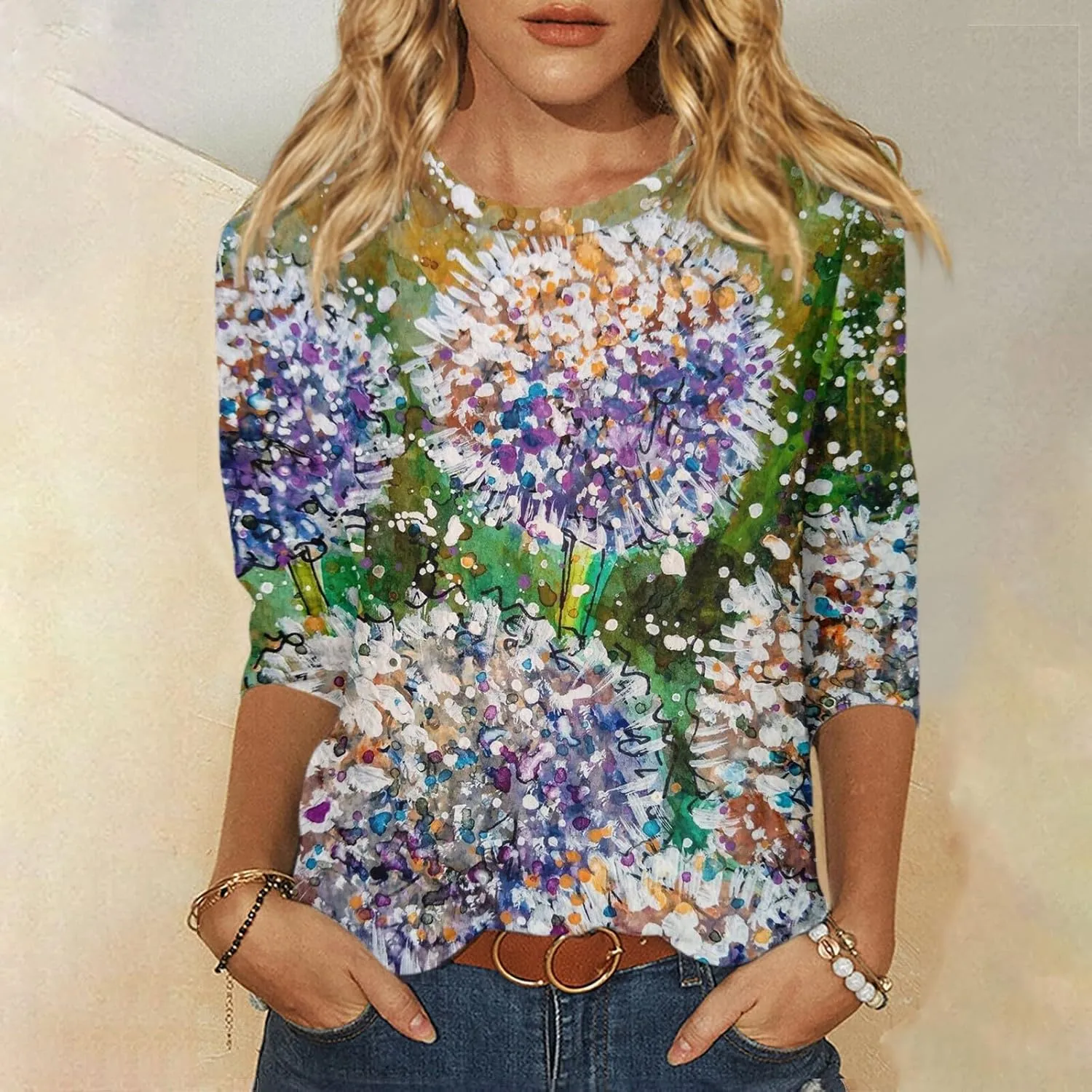 Vintage Tees for Women Women's Fashion Casual Round Neck Long Sleeve Printed T-Shirt Top