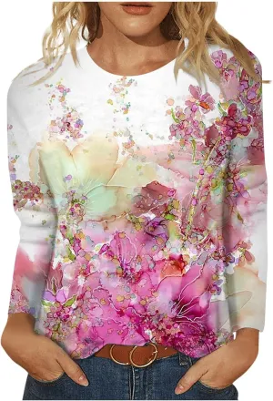 Vintage Tees for Women Women's Fashion Casual Round Neck Long Sleeve Printed T-Shirt Top