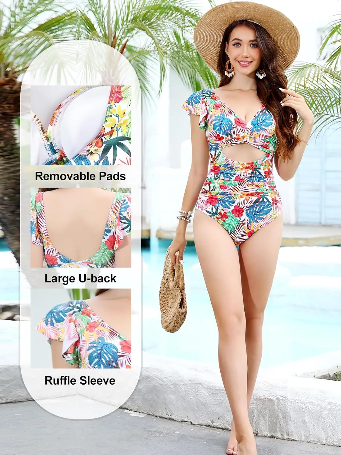 Wanlvhu Women's Tummy Control Swimsuit Ruffle One Piece Bathing Suit V Neck Cutout Backless Swimwear
