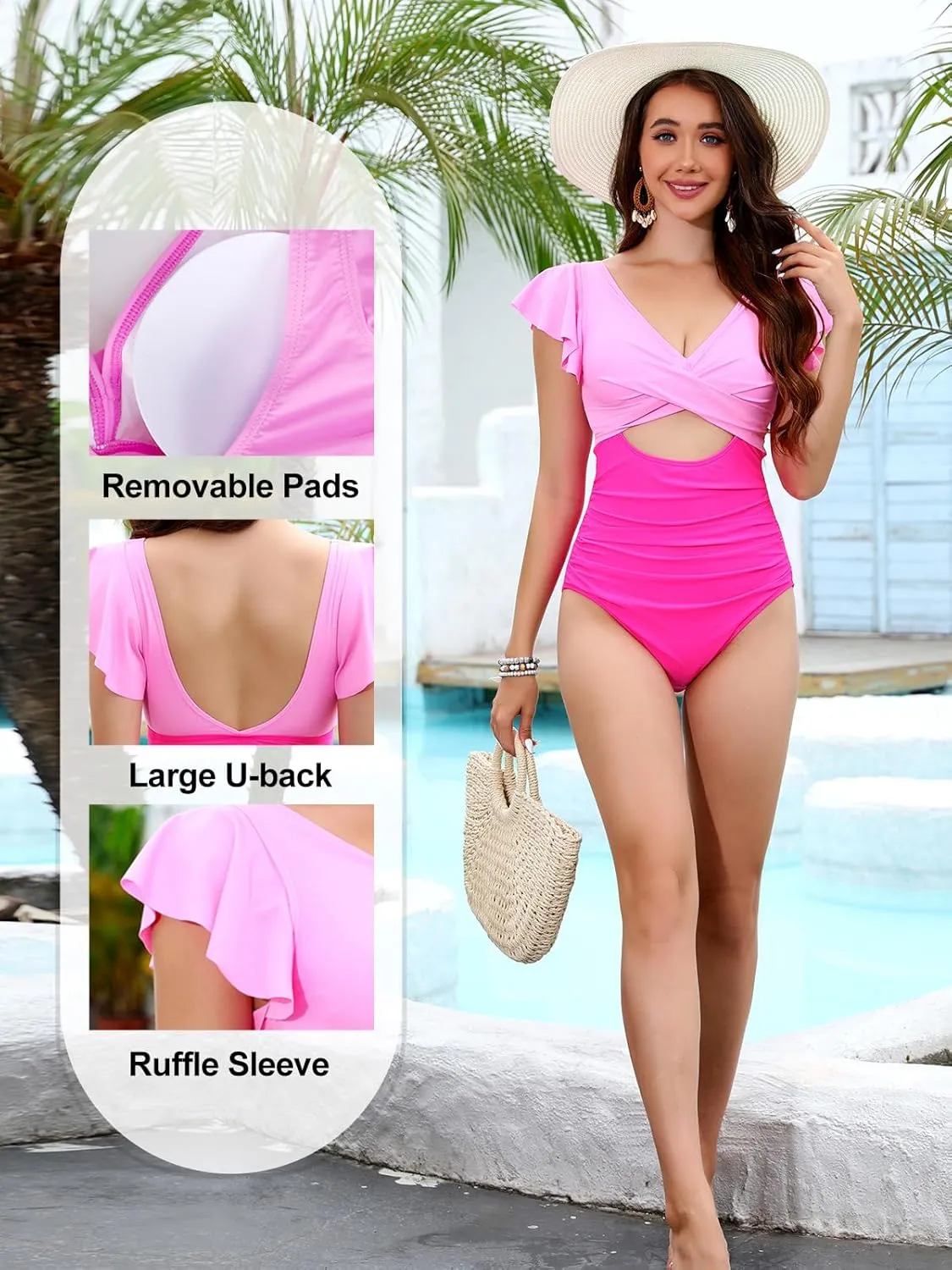 Wanlvhu Women's Tummy Control Swimsuit Ruffle One Piece Bathing Suit V Neck Cutout Backless Swimwear