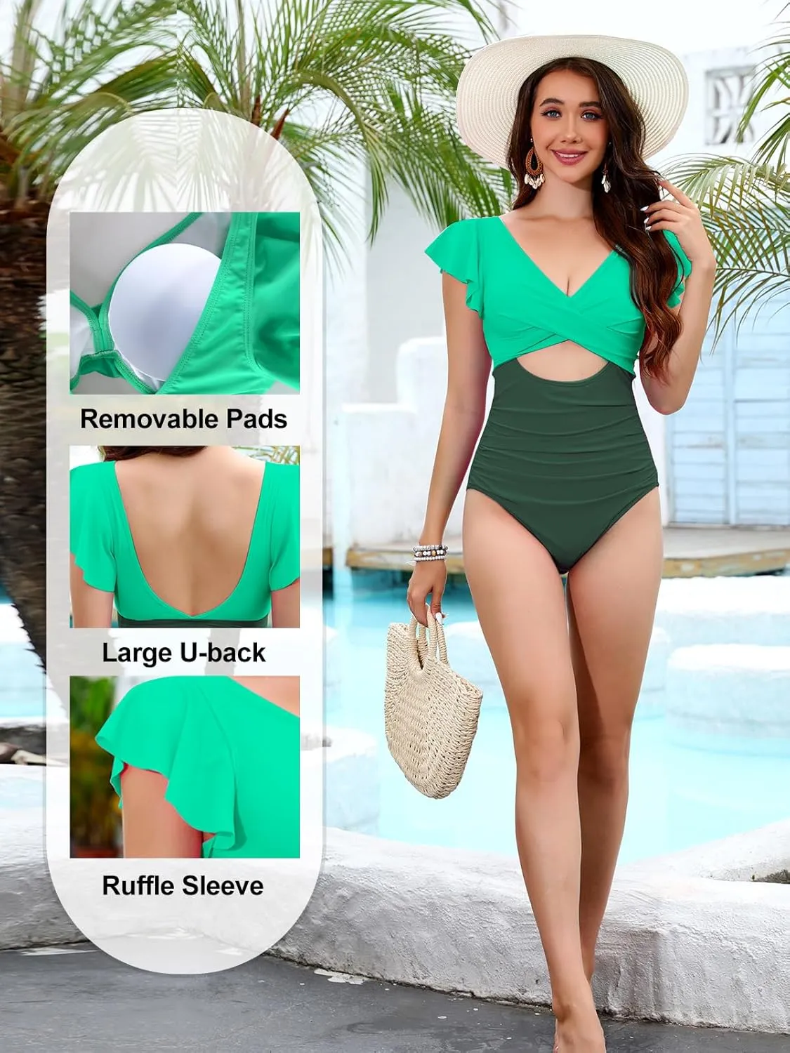 Wanlvhu Women's Tummy Control Swimsuit Ruffle One Piece Bathing Suit V Neck Cutout Backless Swimwear