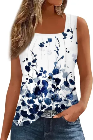 WANZZXCSL Womens Summer Tank Tops for Women Loose Fit Pleated Square Neck Sleeveless Tops Curved Hem Flowy Loose Fit Shirts