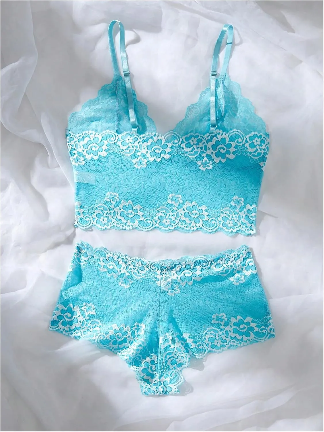 WDIRARA Women's Bow Floral Lace Sheer Lingerie Set 2 Piece Wireless Bra and Panty Sets