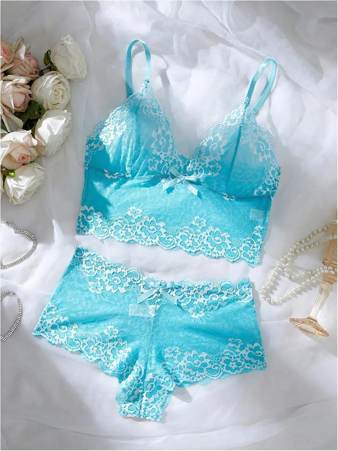 WDIRARA Women's Bow Floral Lace Sheer Lingerie Set 2 Piece Wireless Bra and Panty Sets