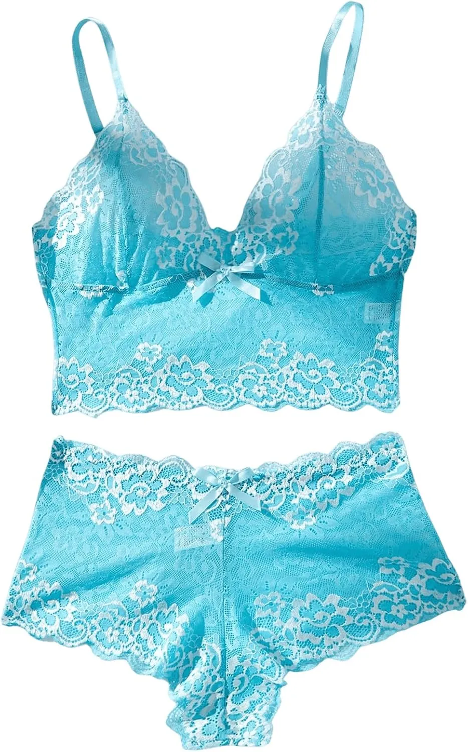 WDIRARA Women's Bow Floral Lace Sheer Lingerie Set 2 Piece Wireless Bra and Panty Sets