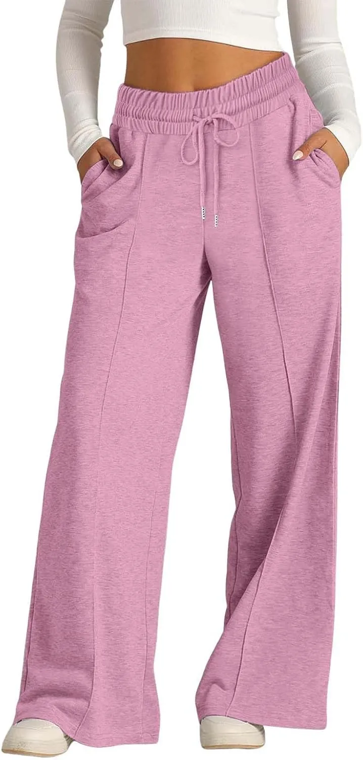 Wide Leg Sweatpants Women Drawstring Workout Active Sweat Pants High Waisted Baggy Lounge Pants with Pockets