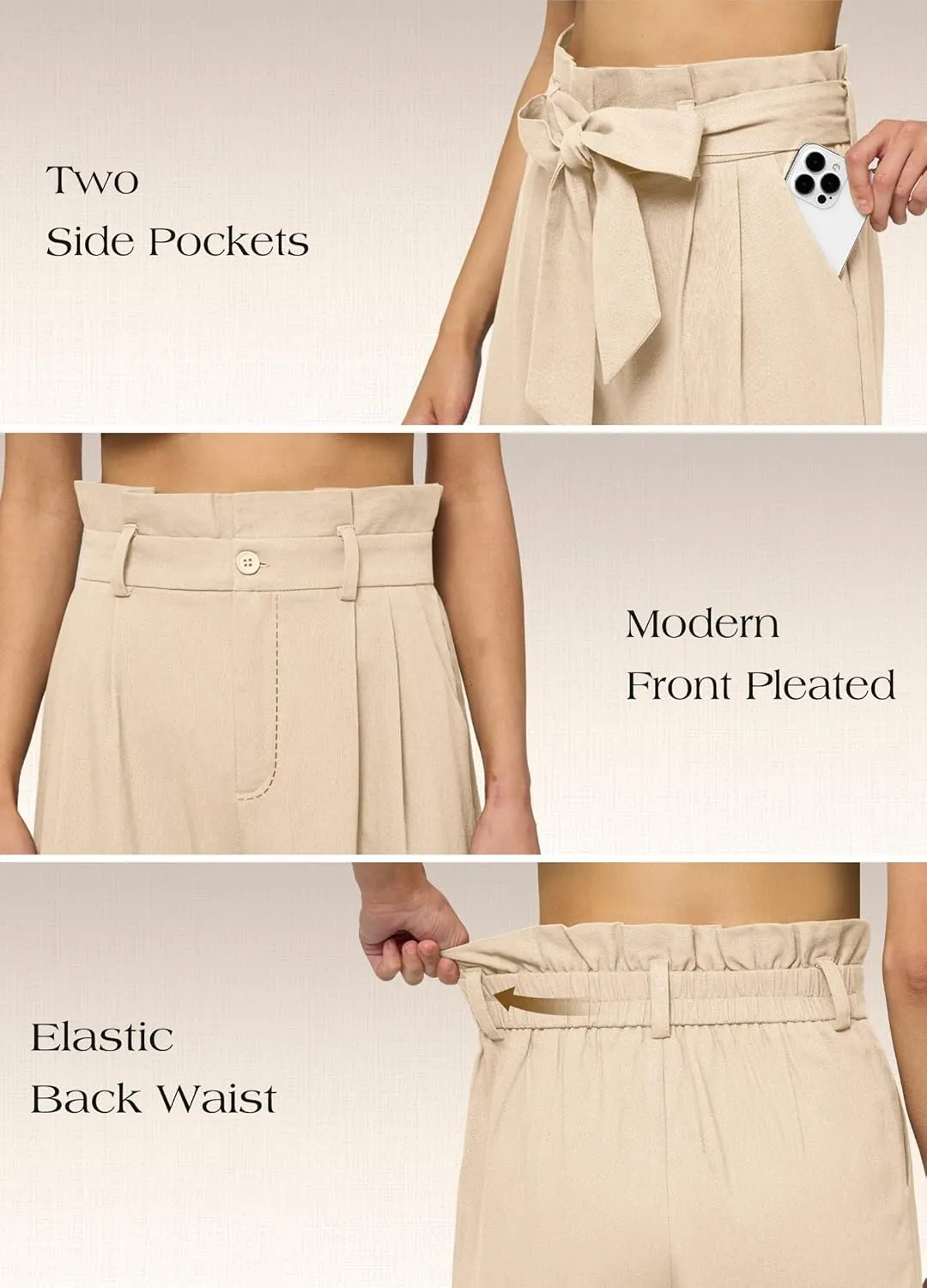 Willit Women Linen Pants Casual Wide Leg Dress Pants High Waisted Paperbag Work Slacks Tie Knot Trousers Pockets 28"/30"/ 32"
