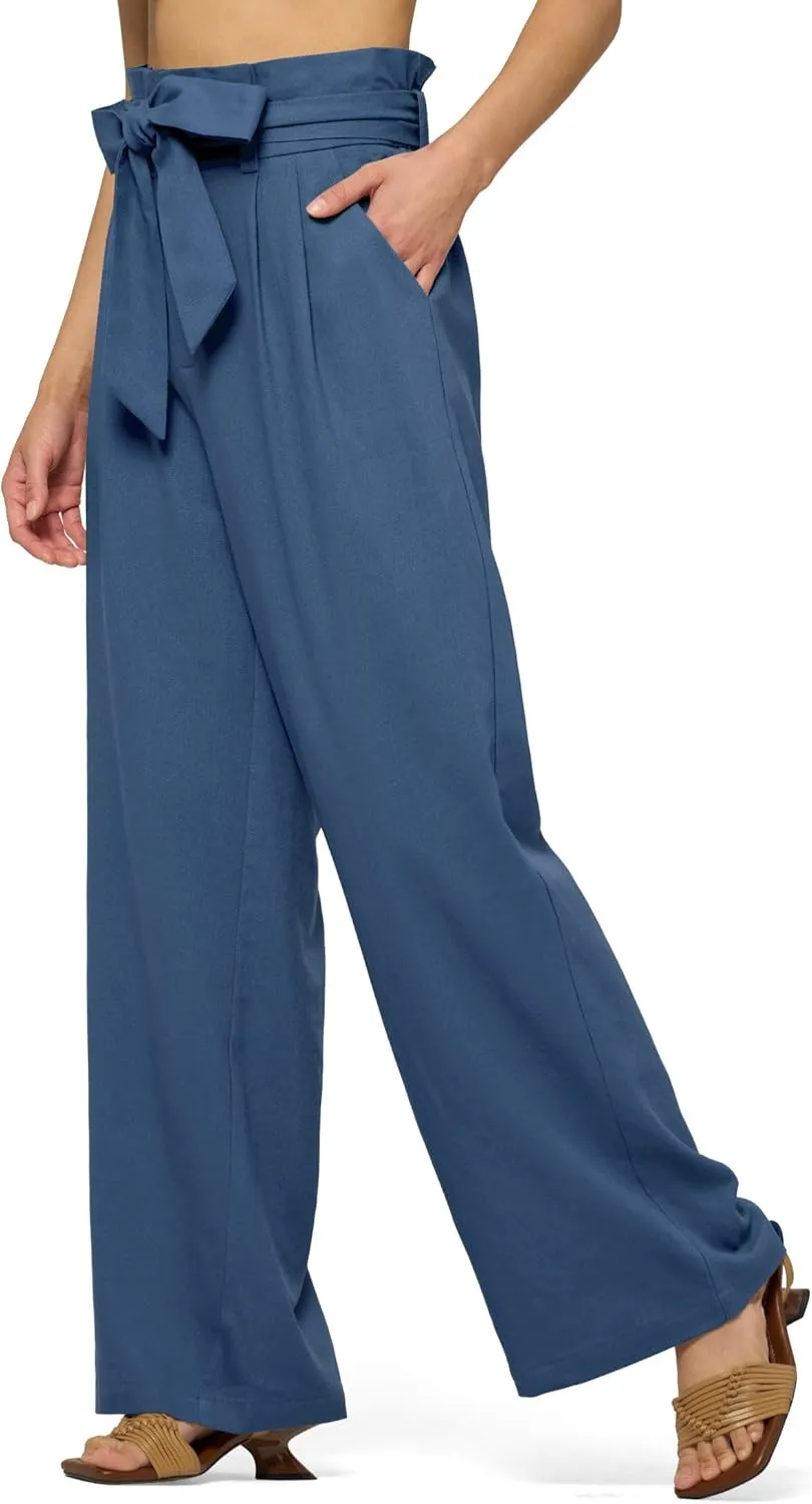 Willit Women Linen Pants Casual Wide Leg Dress Pants High Waisted Paperbag Work Slacks Tie Knot Trousers Pockets 28"/30"/ 32"