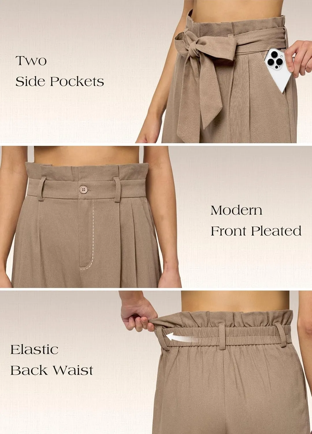 Willit Women Linen Pants Casual Wide Leg Dress Pants High Waisted Paperbag Work Slacks Tie Knot Trousers Pockets 28"/30"/ 32"