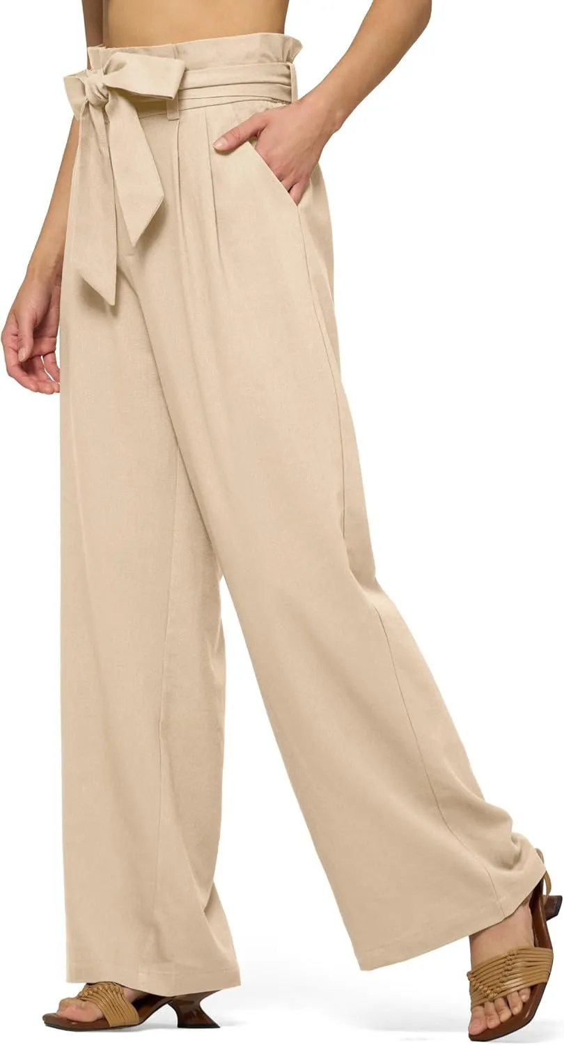Willit Women Linen Pants Casual Wide Leg Dress Pants High Waisted Paperbag Work Slacks Tie Knot Trousers Pockets 28"/30"/ 32"