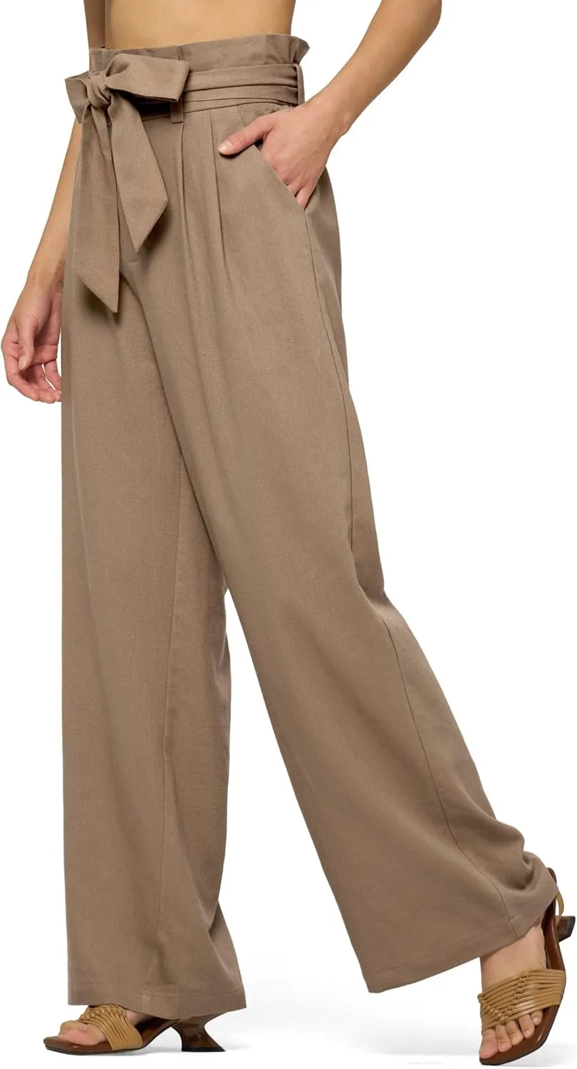 Willit Women Linen Pants Casual Wide Leg Dress Pants High Waisted Paperbag Work Slacks Tie Knot Trousers Pockets 28"/30"/ 32"
