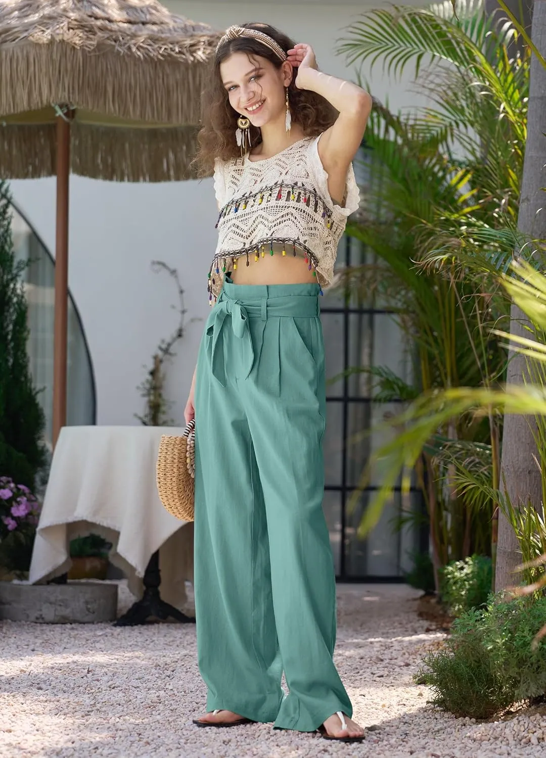 Willit Women Linen Pants Casual Wide Leg Dress Pants High Waisted Paperbag Work Slacks Tie Knot Trousers Pockets 28"/30"/ 32"
