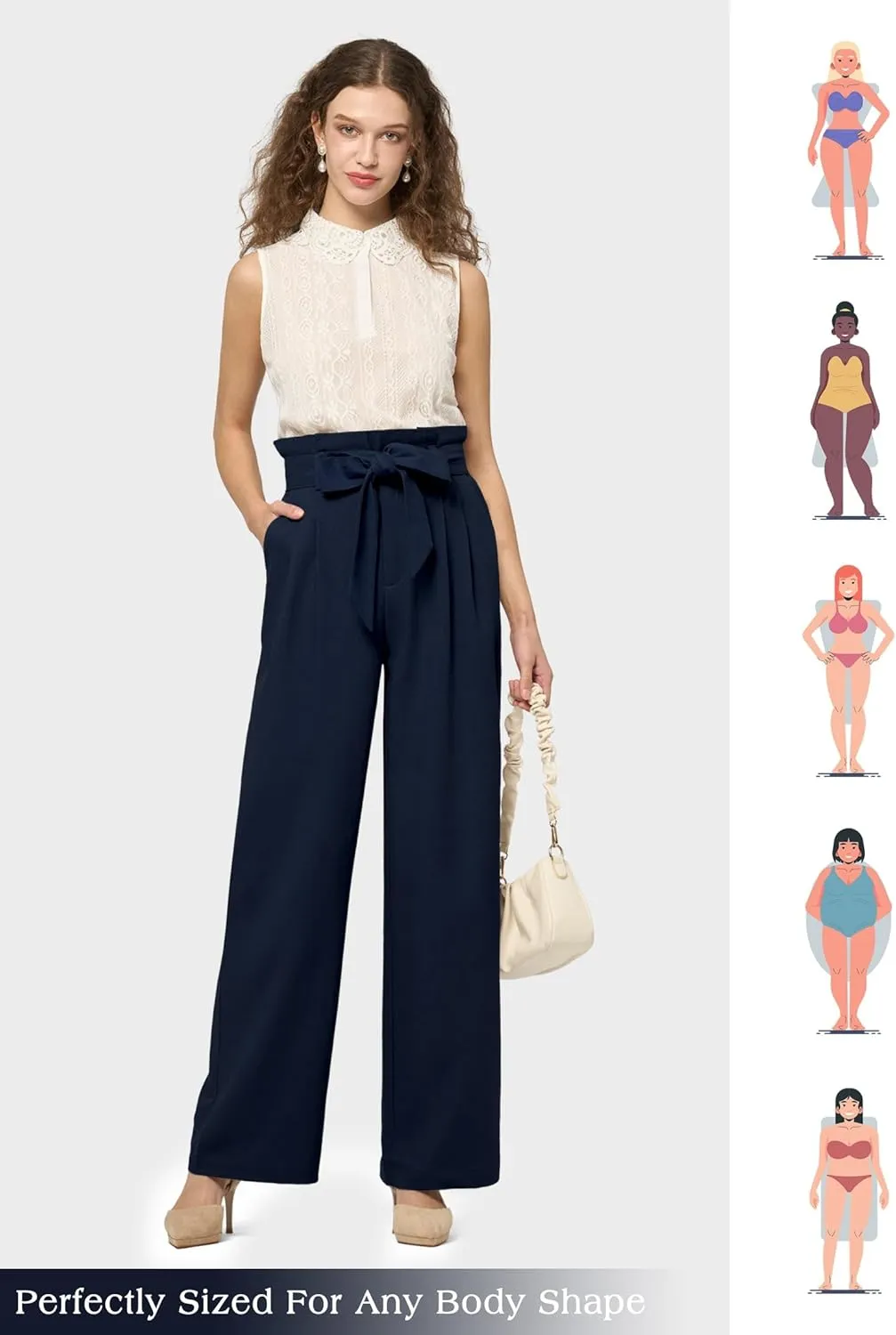 Willit Women Linen Pants Casual Wide Leg Dress Pants High Waisted Paperbag Work Slacks Tie Knot Trousers Pockets 28"/30"/ 32"