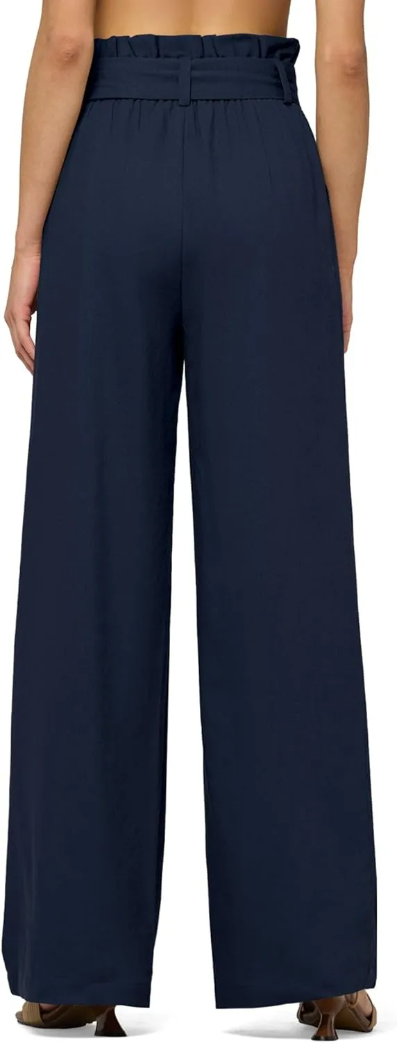 Willit Women Linen Pants Casual Wide Leg Dress Pants High Waisted Paperbag Work Slacks Tie Knot Trousers Pockets 28"/30"/ 32"