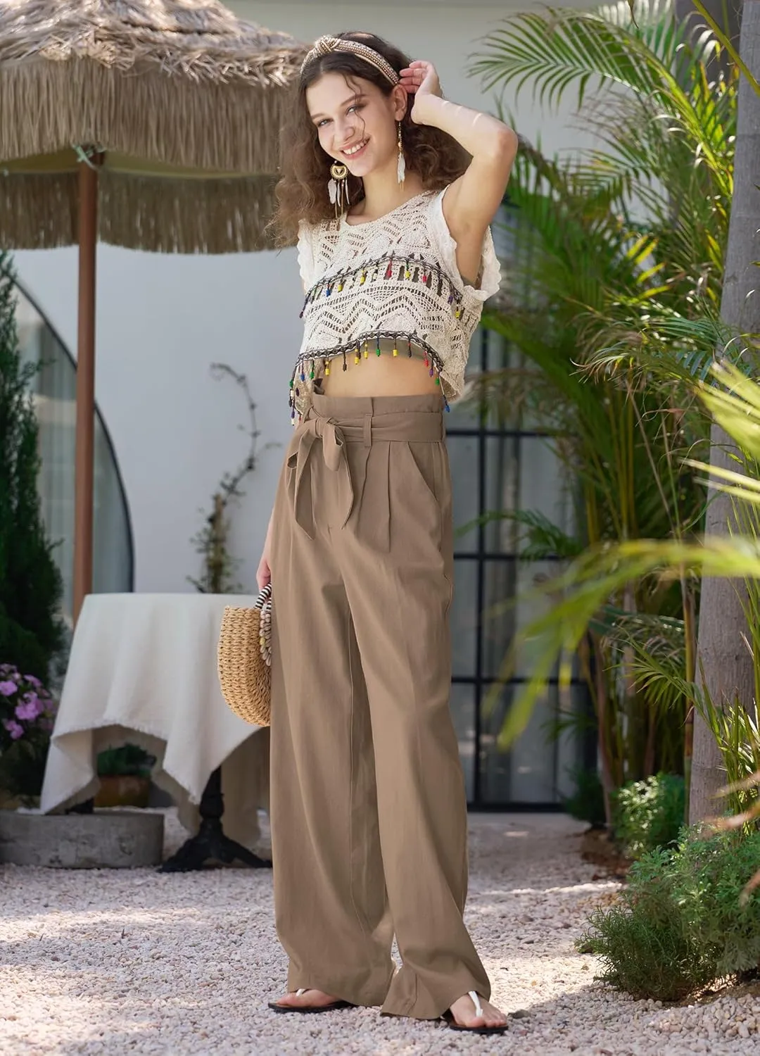 Willit Women Linen Pants Casual Wide Leg Dress Pants High Waisted Paperbag Work Slacks Tie Knot Trousers Pockets 28"/30"/ 32"
