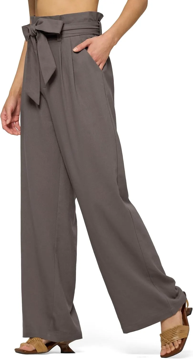 Willit Women Linen Pants Casual Wide Leg Dress Pants High Waisted Paperbag Work Slacks Tie Knot Trousers Pockets 28"/30"/ 32"