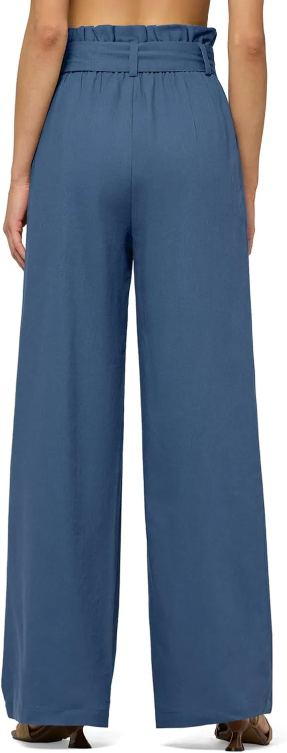 Willit Women Linen Pants Casual Wide Leg Dress Pants High Waisted Paperbag Work Slacks Tie Knot Trousers Pockets 28"/30"/ 32"