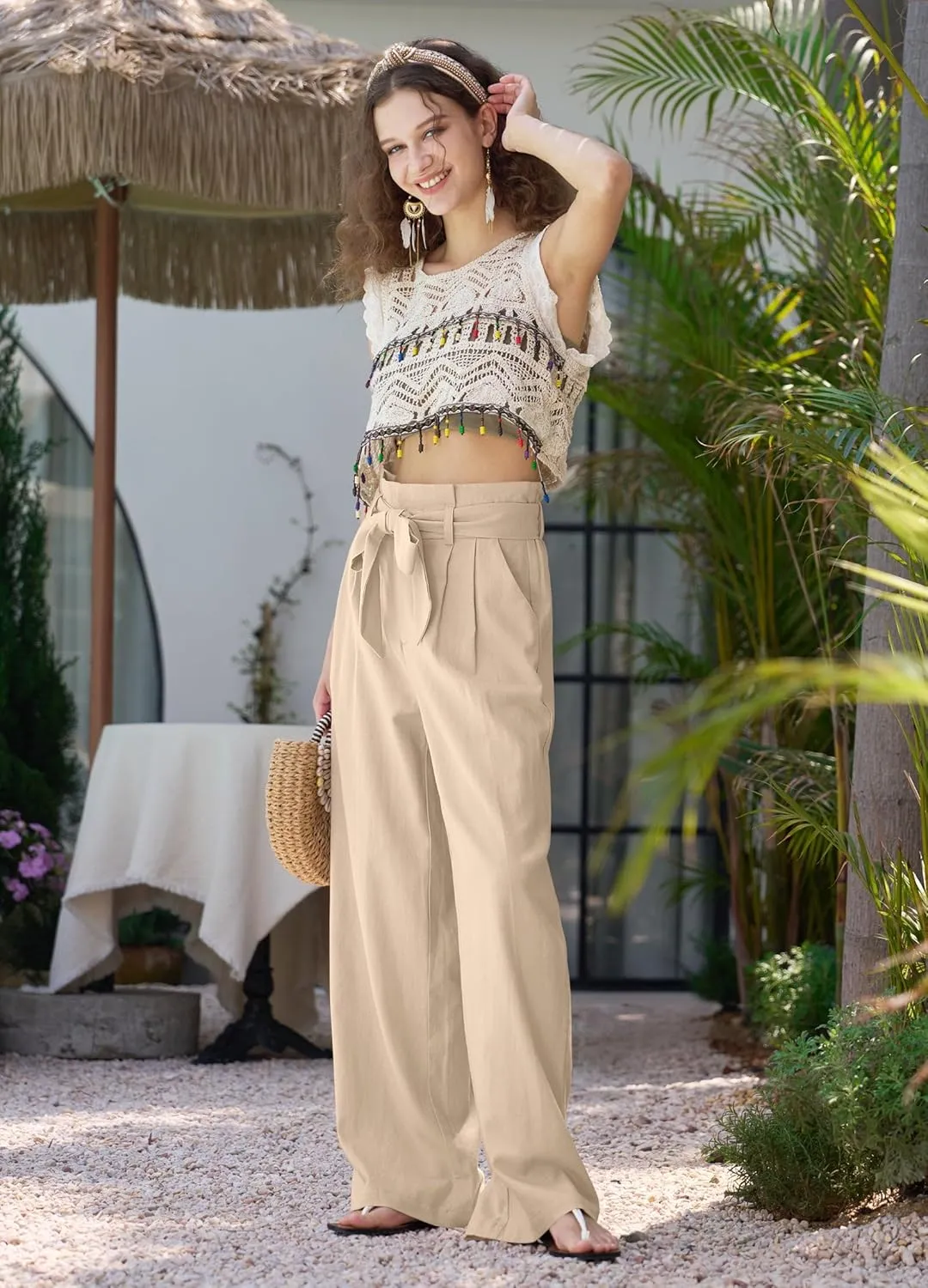 Willit Women Linen Pants Casual Wide Leg Dress Pants High Waisted Paperbag Work Slacks Tie Knot Trousers Pockets 28"/30"/ 32"