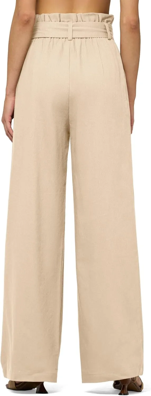 Willit Women Linen Pants Casual Wide Leg Dress Pants High Waisted Paperbag Work Slacks Tie Knot Trousers Pockets 28"/30"/ 32"