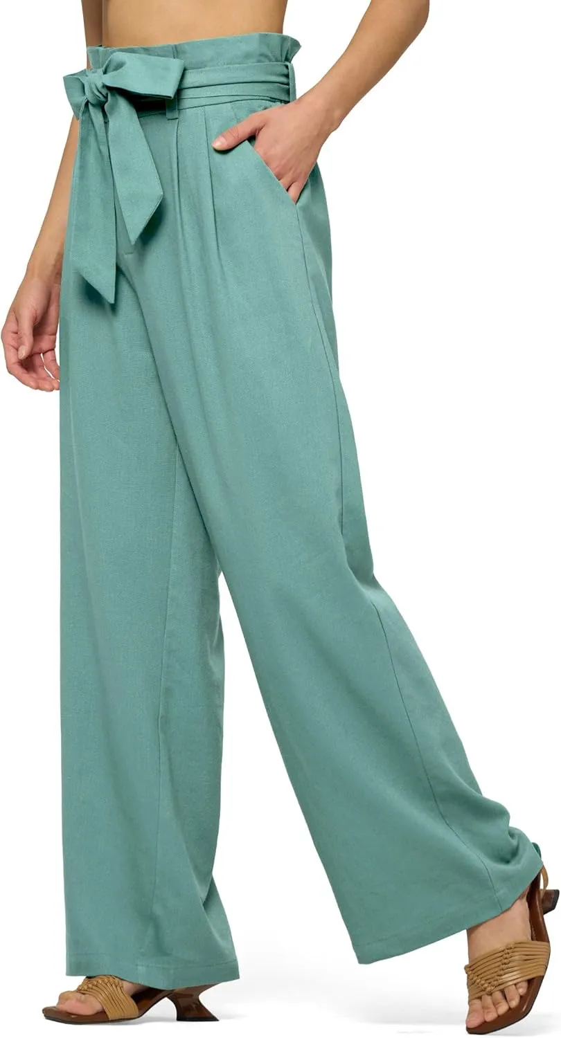 Willit Women Linen Pants Casual Wide Leg Dress Pants High Waisted Paperbag Work Slacks Tie Knot Trousers Pockets 28"/30"/ 32"