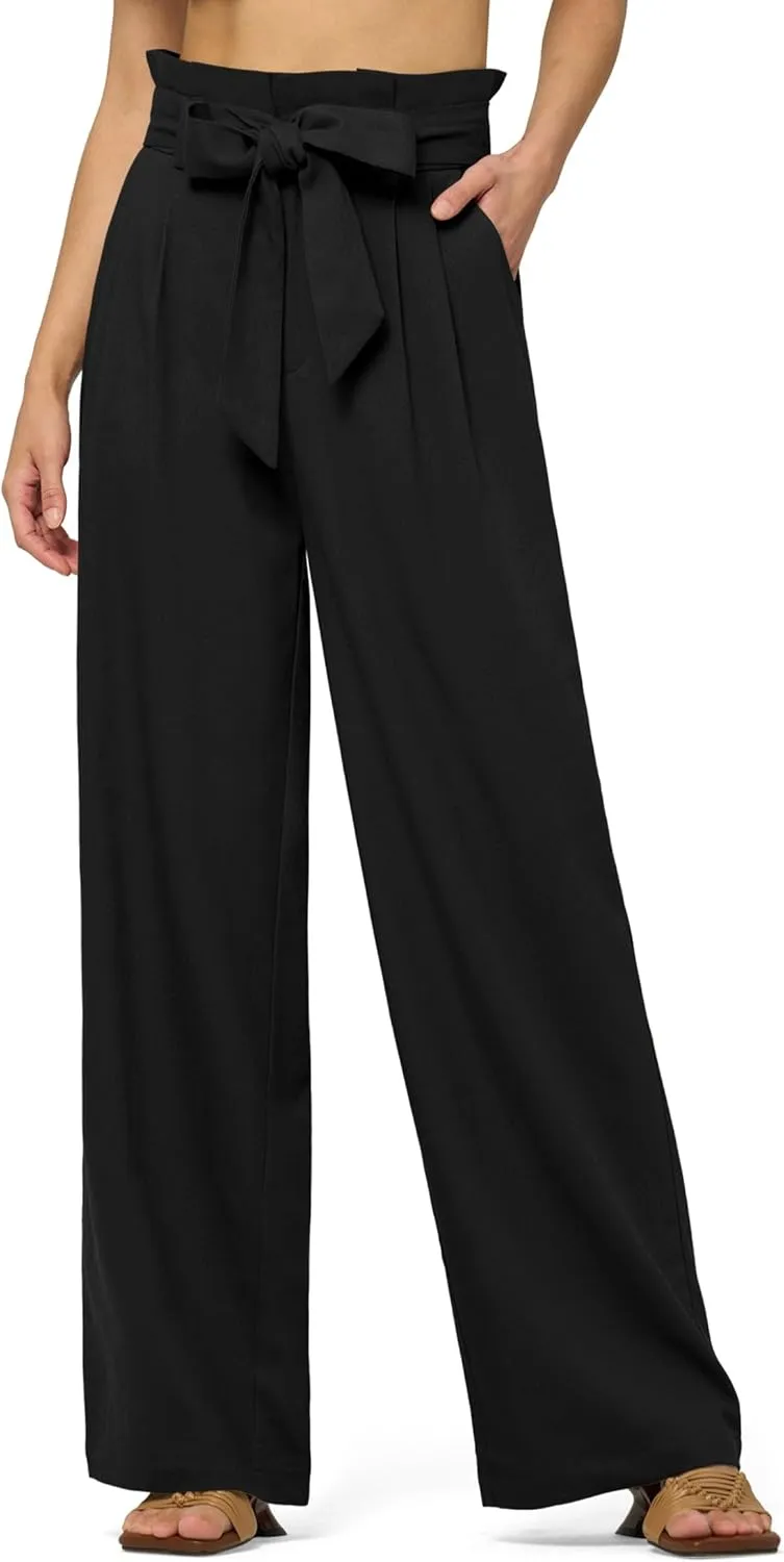 Willit Women Linen Pants Casual Wide Leg Dress Pants High Waisted Paperbag Work Slacks Tie Knot Trousers Pockets 28"/30"/ 32"