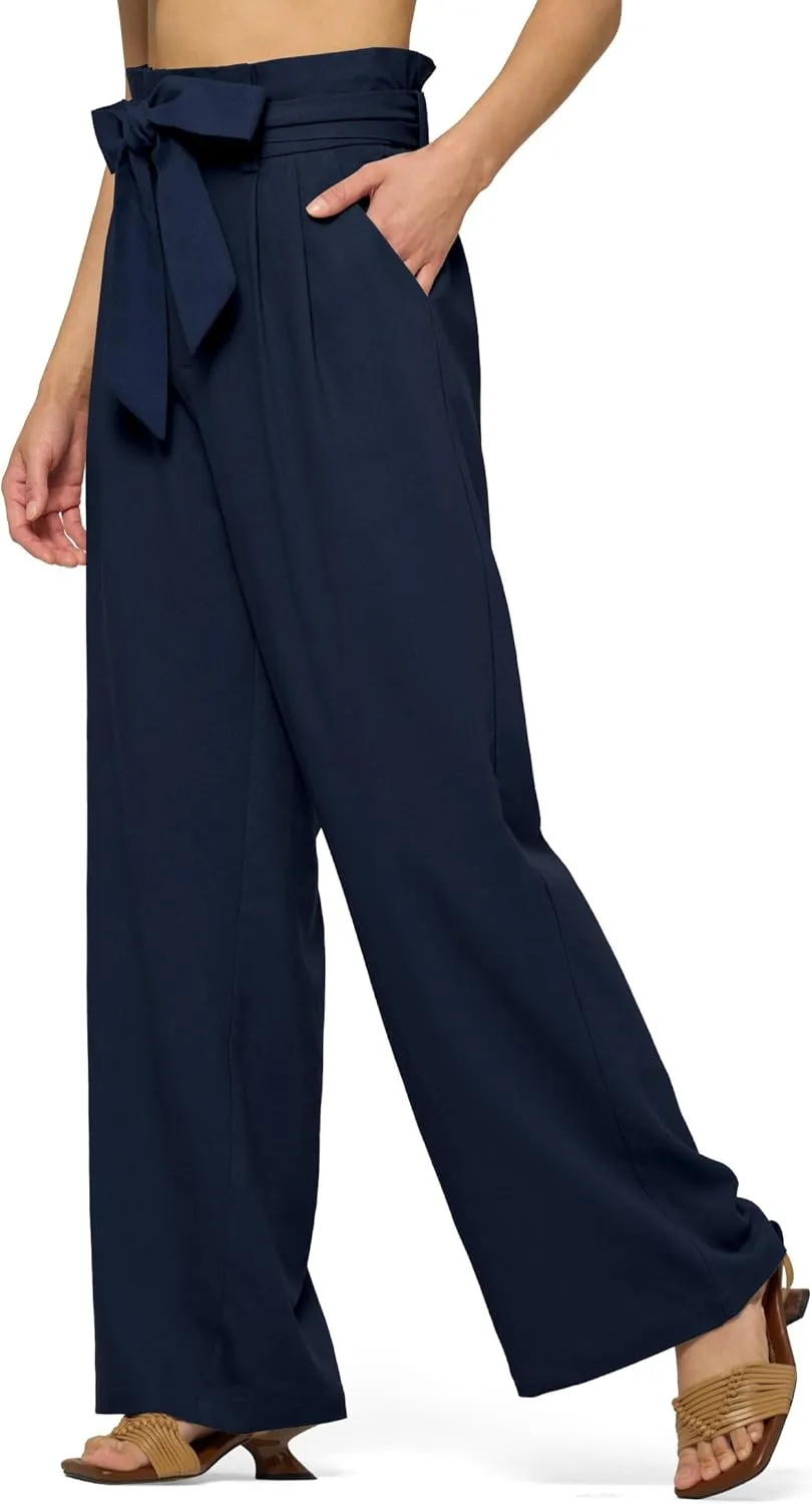Willit Women Linen Pants Casual Wide Leg Dress Pants High Waisted Paperbag Work Slacks Tie Knot Trousers Pockets 28"/30"/ 32"