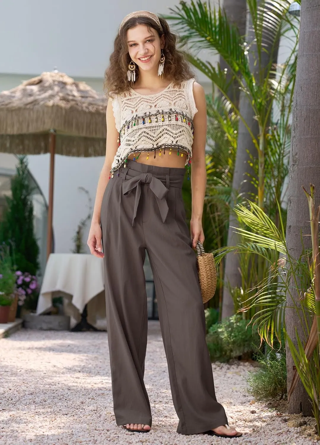 Willit Women Linen Pants Casual Wide Leg Dress Pants High Waisted Paperbag Work Slacks Tie Knot Trousers Pockets 28"/30"/ 32"