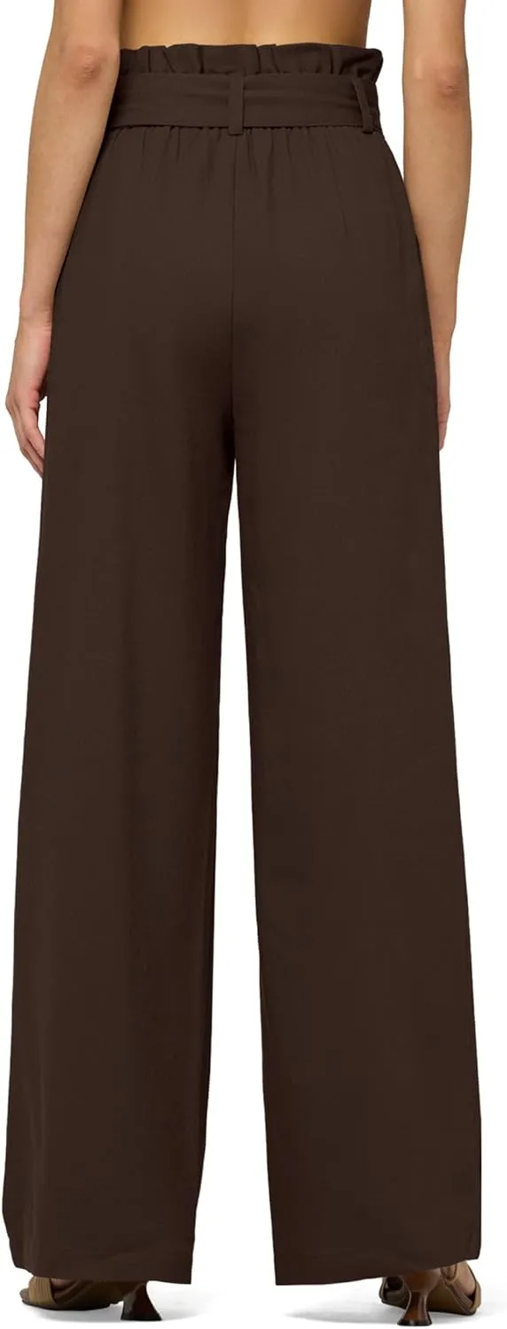 Willit Women Linen Pants Casual Wide Leg Dress Pants High Waisted Paperbag Work Slacks Tie Knot Trousers Pockets 28"/30"/ 32"