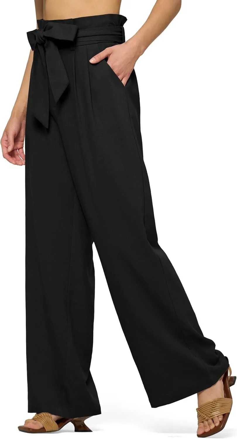 Willit Women Linen Pants Casual Wide Leg Dress Pants High Waisted Paperbag Work Slacks Tie Knot Trousers Pockets 28"/30"/ 32"