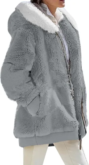 Winter Coats for Women 2024 Zip up Long Sleeve Casual Warm Fuzzy Hooded Jackets Loose Fit Soft Comfy Coats