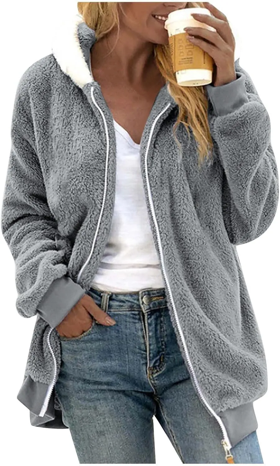 Winter Coats for Women 2024 Zip up Long Sleeve Casual Warm Fuzzy Hooded Jackets Loose Fit Soft Comfy Coats