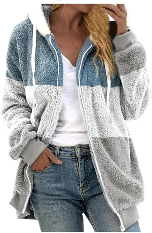 Woman Coats Winter Clearance,Fleece Zip Up Women With Hood Sherpa Jacket Women Long Fuzzy Fleece Jacket Hooded Color Block Patchwork Cardigan Coat Outerwear With Pocket WhiteL