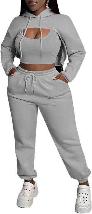 Women 3 Piece Sweatsuit Set Sexy Long Sleeve Pullover Cropped Hoodie Tank Top and Jogger Sweatpants Tracksuit
