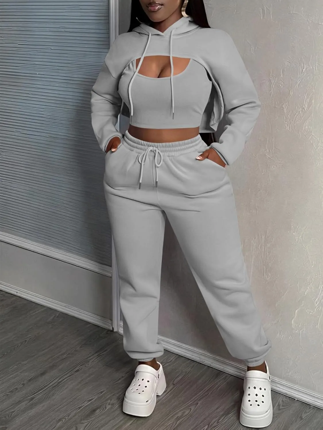 Women 3 Piece Sweatsuit Set Sexy Long Sleeve Pullover Cropped Hoodie Tank Top and Jogger Sweatpants Tracksuit