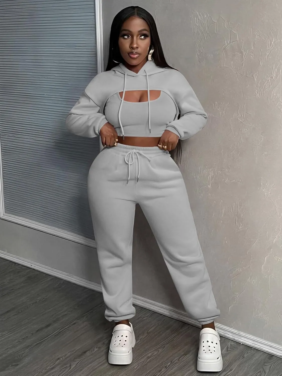 Women 3 Piece Sweatsuit Set Sexy Long Sleeve Pullover Cropped Hoodie Tank Top and Jogger Sweatpants Tracksuit
