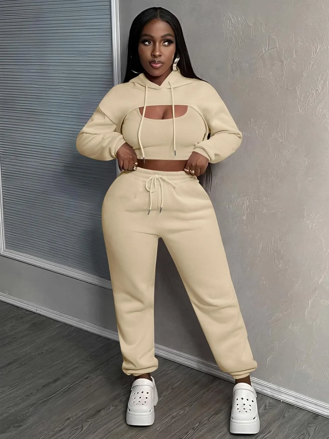 Women 3 Piece Sweatsuit Set Sexy Long Sleeve Pullover Cropped Hoodie Tank Top and Jogger Sweatpants Tracksuit