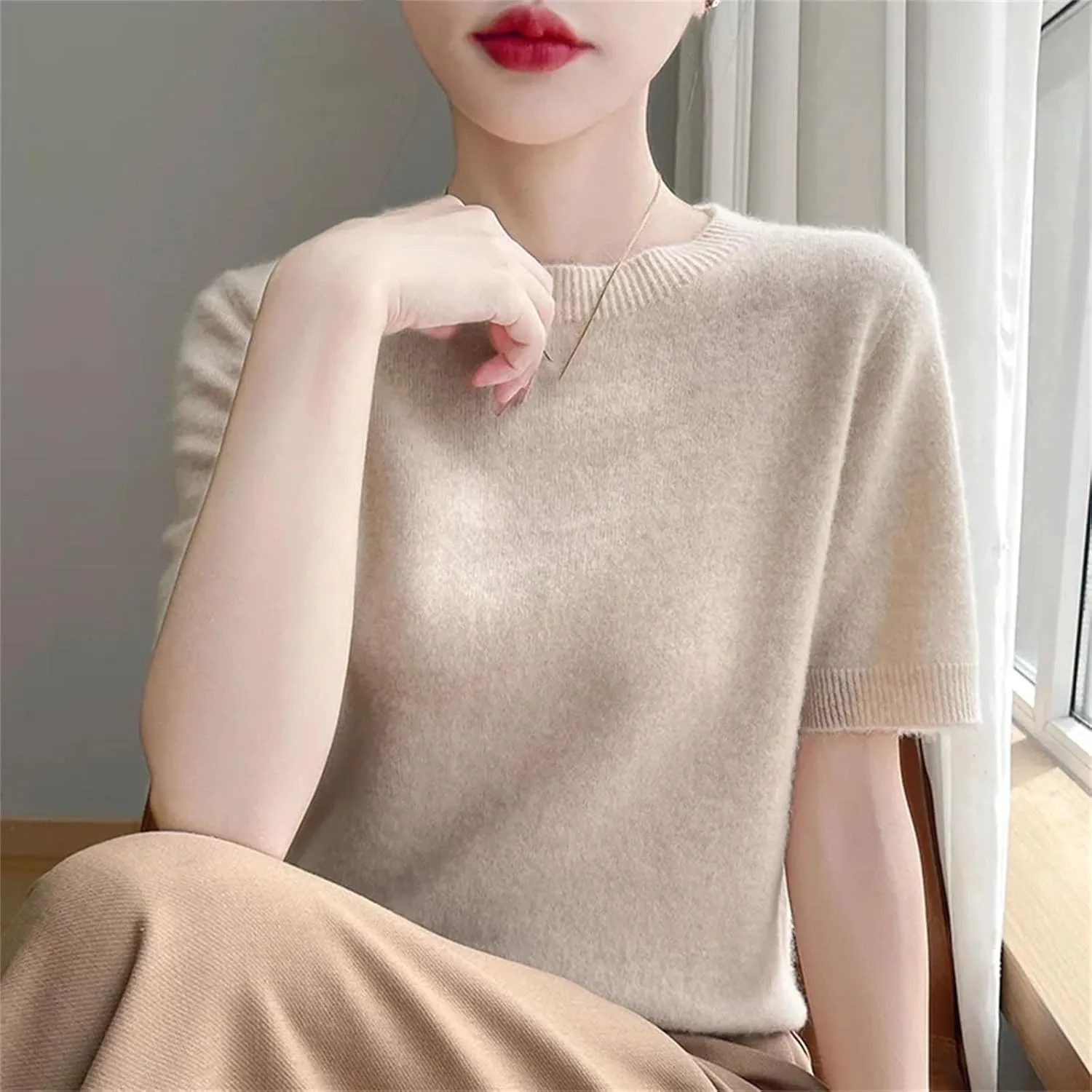 Women Cashmere Short Sleeve Sweater O-Neck Pullover Winter Cashmere Short Sleeve Shirt