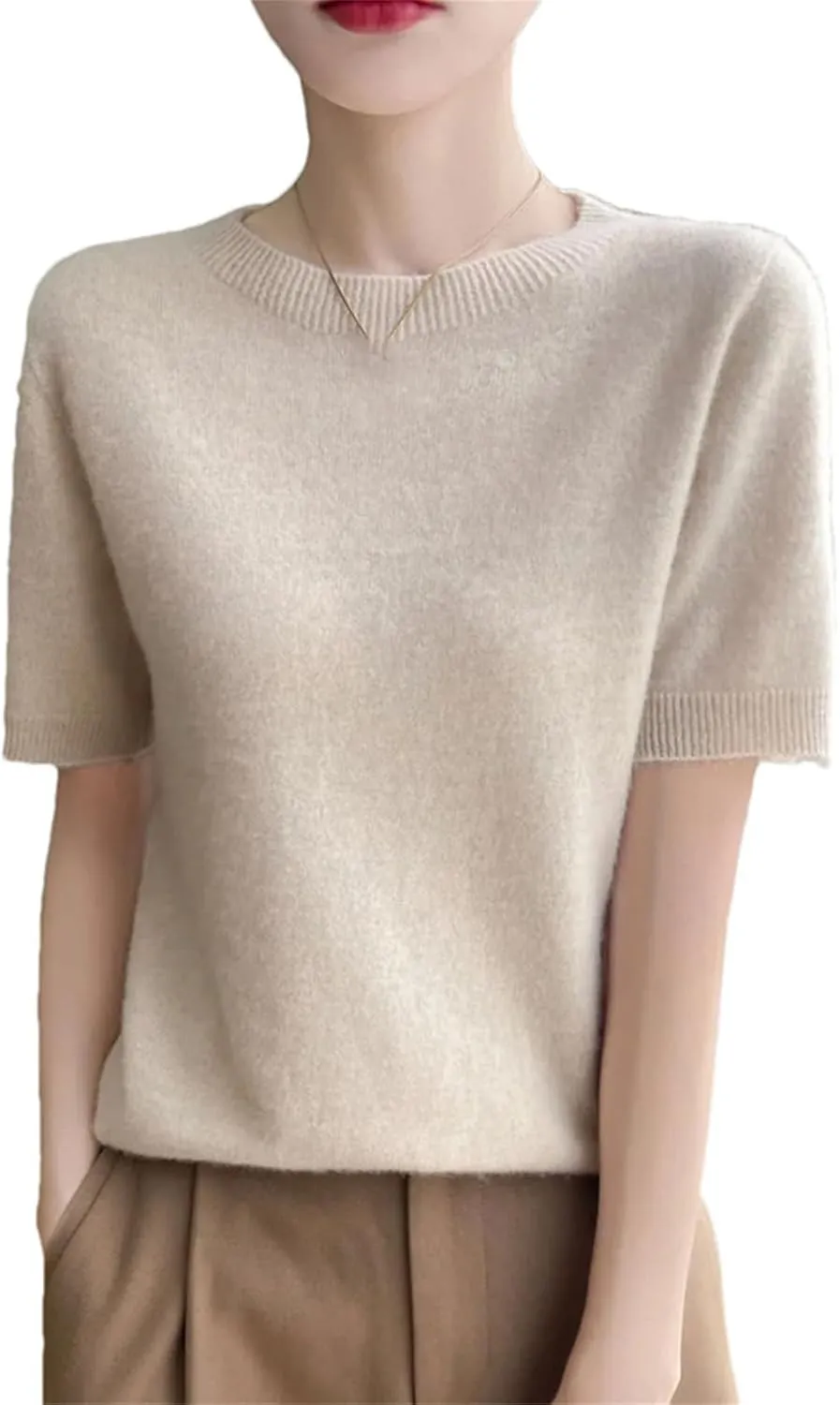 Women Cashmere Short Sleeve Sweater O-Neck Pullover Winter Cashmere Short Sleeve Shirt