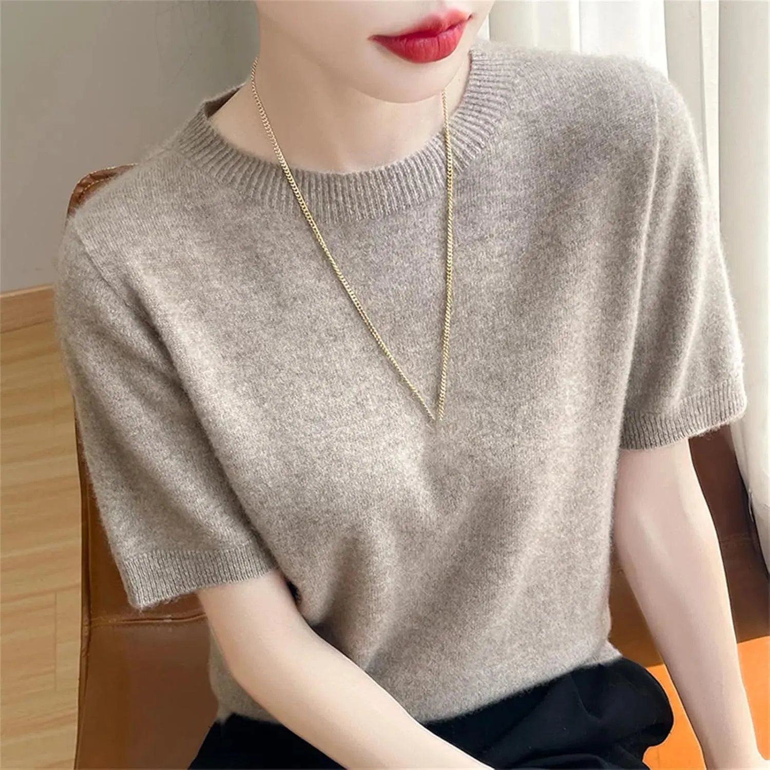 Women Cashmere Short Sleeve Sweater O-Neck Pullover Winter Cashmere Short Sleeve Shirt