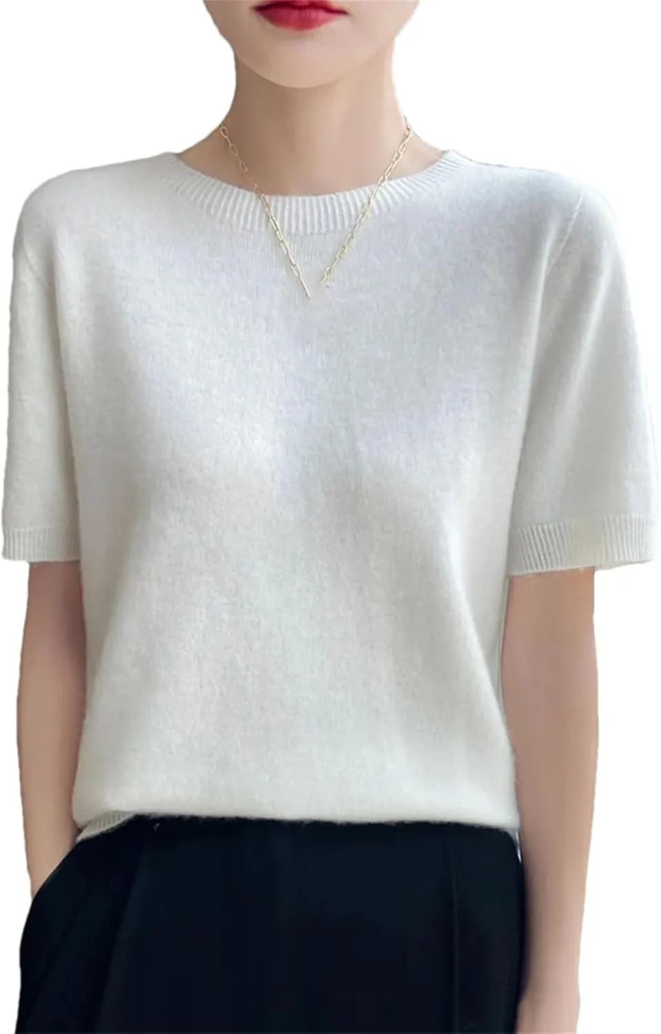 Women Cashmere Short Sleeve Sweater O-Neck Pullover Winter Cashmere Short Sleeve Shirt