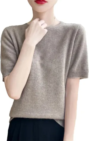 Women Cashmere Short Sleeve Sweater O-Neck Pullover Winter Cashmere Short Sleeve Shirt